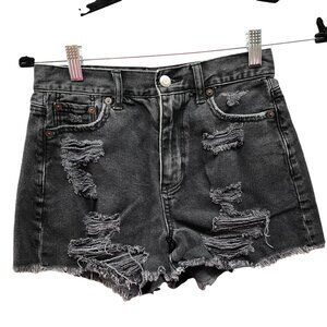 American Eagle Mom Short Womens 00 Washed Black Distressed Denim Cutoff